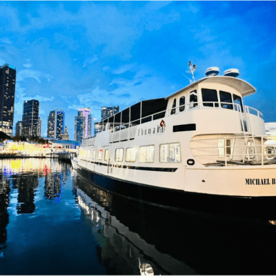 a boat is docked next to a body of water