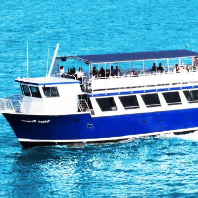 a blue and white boat floating on a large body of water