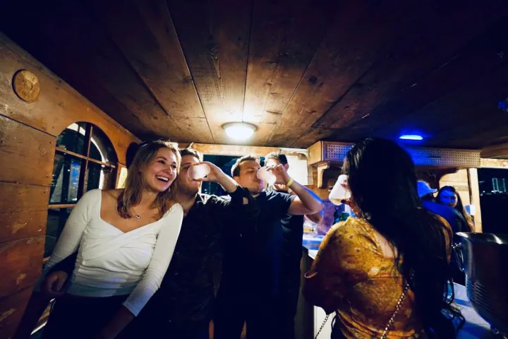 a group of people standing in a room