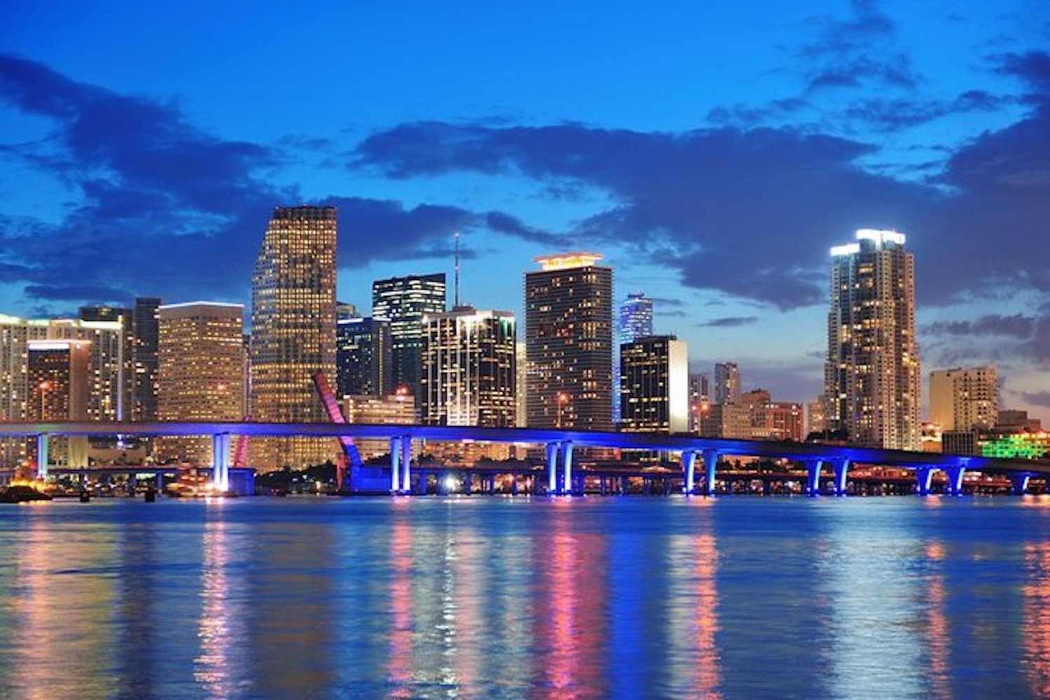 Night view of a city skyline with illuminated buildings and a bridge reflected on water.