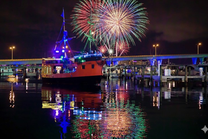 Colorful fireworks over a lit-up pirate ship in a harbor at night.