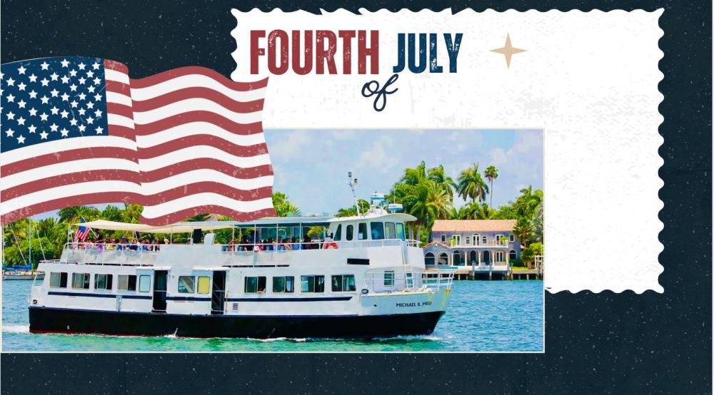Boat on water with U.S. flag and 'Fourth of July' text in background.