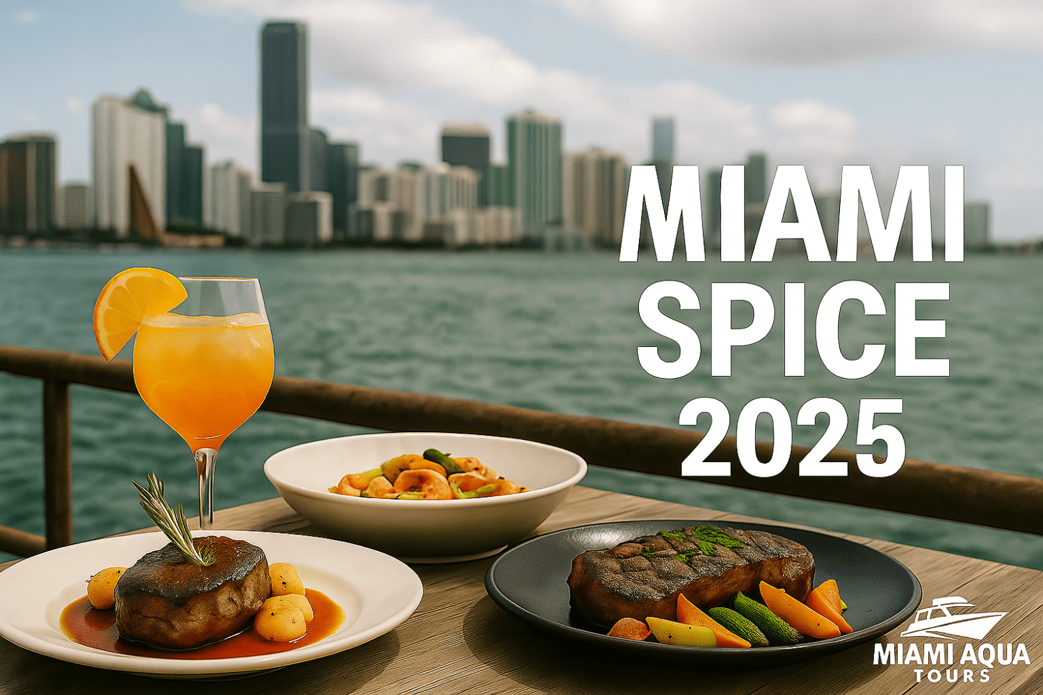 Plates of gourmet food and cocktail on a table with Miami skyline in the background, text 'MIAMI SPICE 2025'.