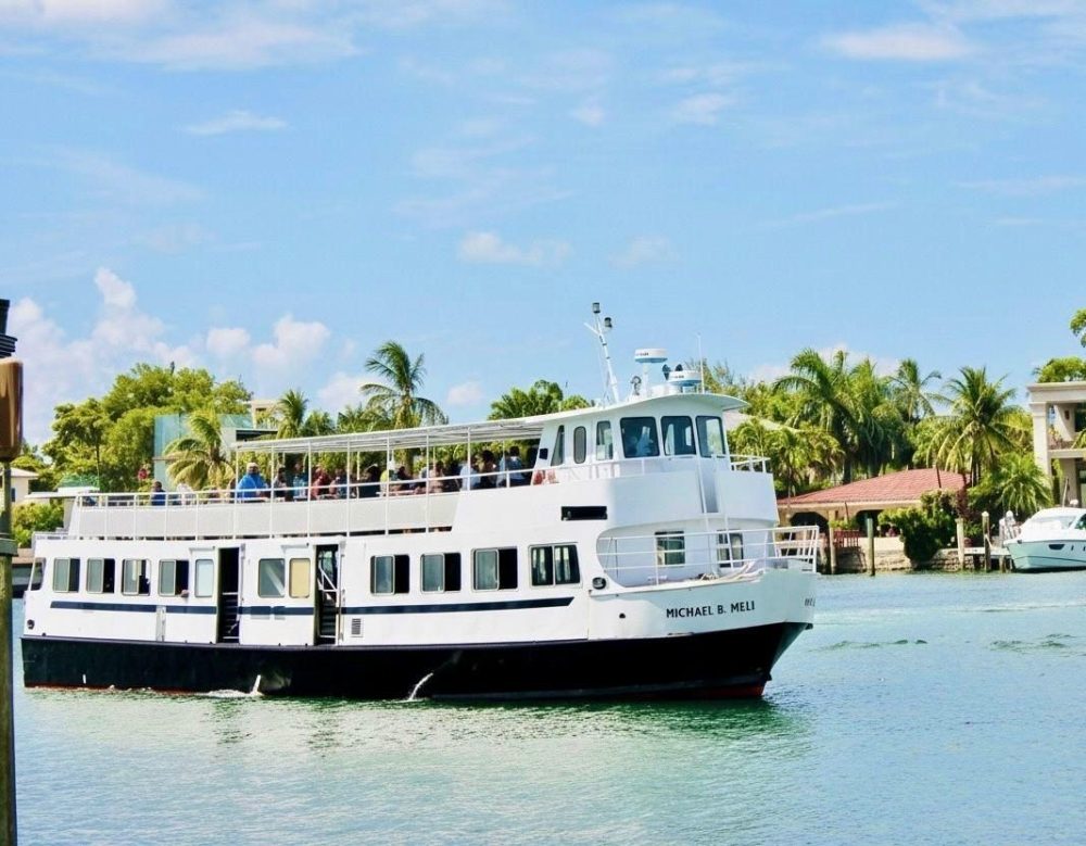 White boat on a river with palm trees and houses in the background.