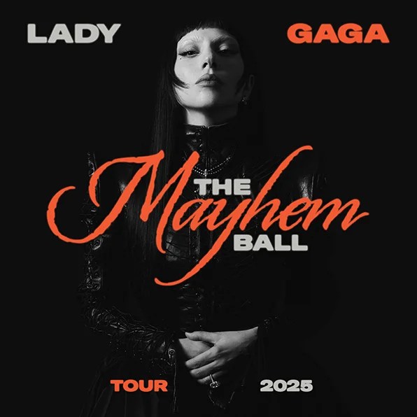 Person in dark attire with text 'The Mayhem Ball Tour 2025' and names above and beside.