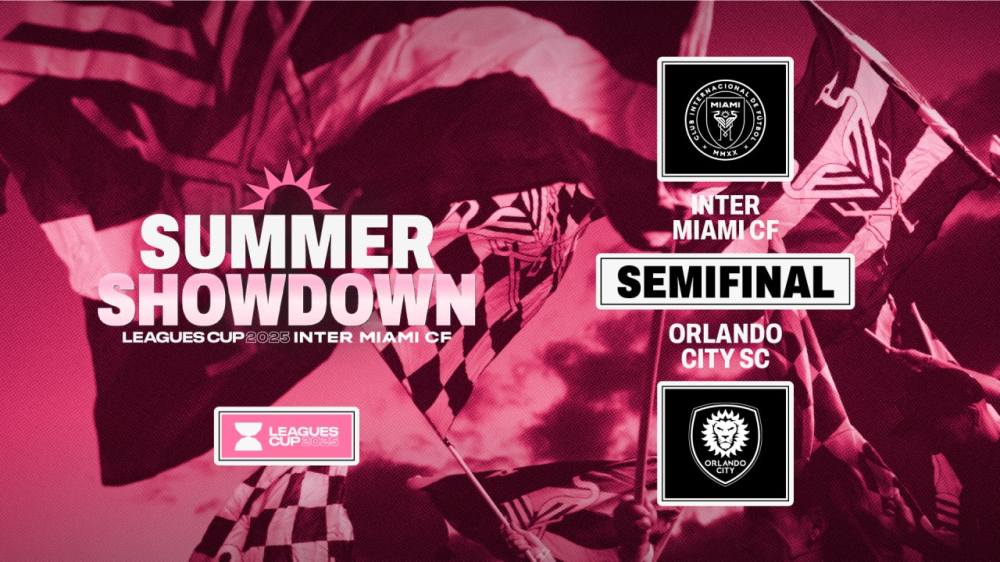 Inter Miami CF vs Orlando City SC in Leagues Cup 2023 semifinal poster.