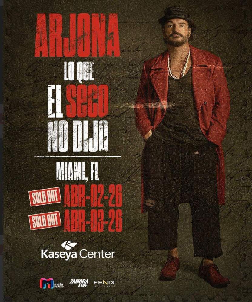 Poster for 'Arjona: Lo Que El Seco No Dijo' show in Miami, FL, with a man in a red coat.