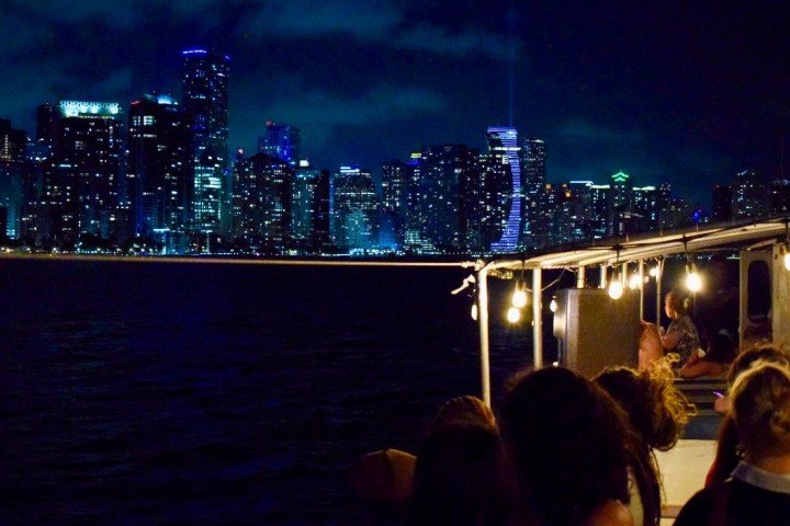 People on a boat at night with a city skyline in the background illuminated by lights.