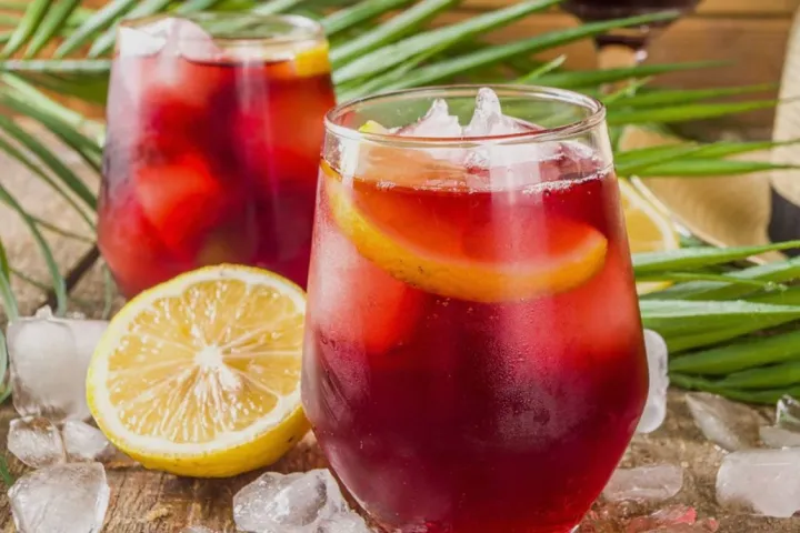 Two glasses of red iced drink with lemon slices and ice cubes, surrounded by lemon and greenery.