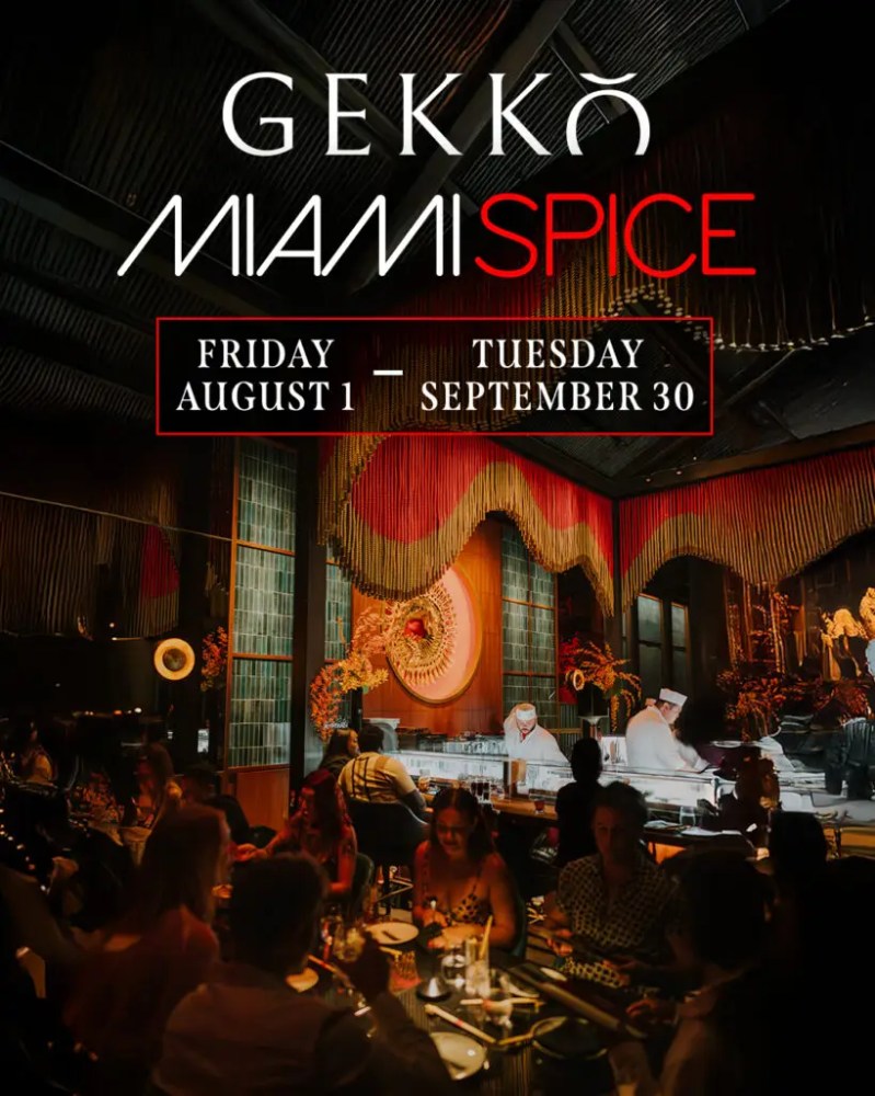 Gekko Miami Spice event poster with dining scene and chefs on stage, August 1 to September 30.