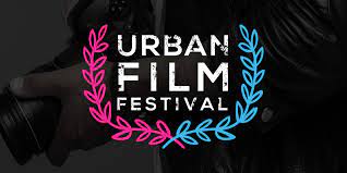 Logo reads 'Urban Film Festival' with blue and pink laurel branches.