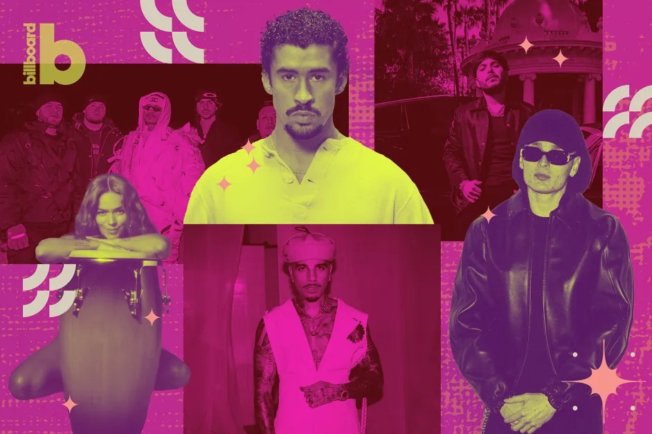 Collage of five people with colorful overlay, featuring a large 'b' and abstract shapes.
