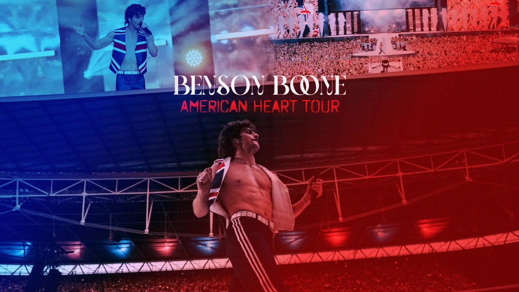 Performer on stage with text 'Benson Boone American Heart Tour' and stadium crowd.
