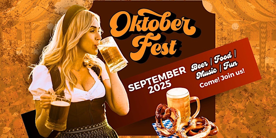 Woman in Bavarian attire drinks beer, Oktoberfest banner, September 2025, beer, pretzels, music, food, fun.