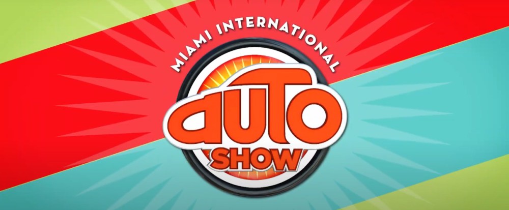 Logo of Miami International Auto Show with colorful background and stylized text.