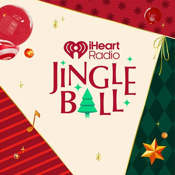 iHeartRadio Jingle Ball logo with festive holiday decorations.
