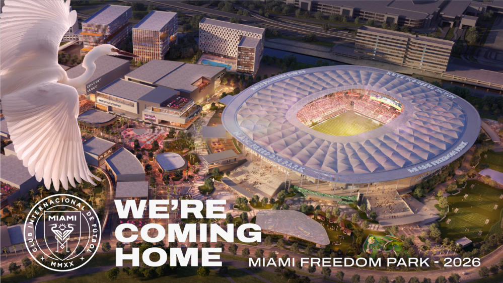 Aerial view of Miami Freedom Park stadium with a white bird and 'We're Coming Home' text overlay.