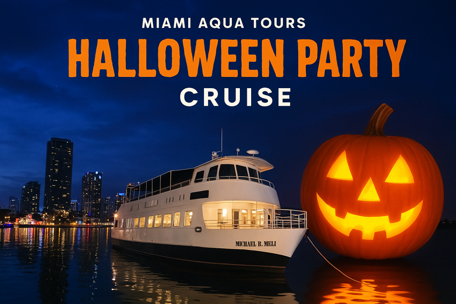 Cruise ship and jack-o'-lantern on water, text 'Halloween Party Cruise' over city skyline.
