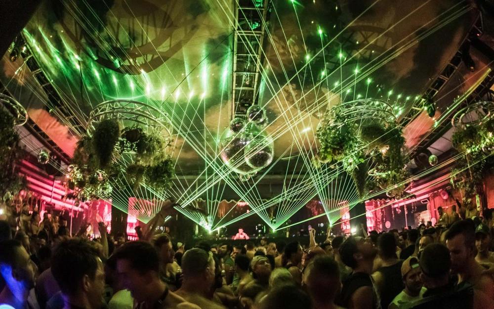 Crowded nightclub with green laser lights and hanging plants, people dancing.