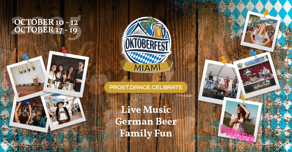 Oktoberfest Miami flyer with dates, photos, and text promoting live music and German beer.