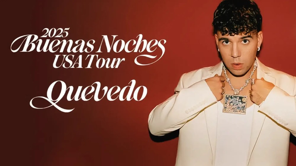 Man in white suit with necklace, text reads '2025 Buenas Noches USA Tour Quevedo' on red background.