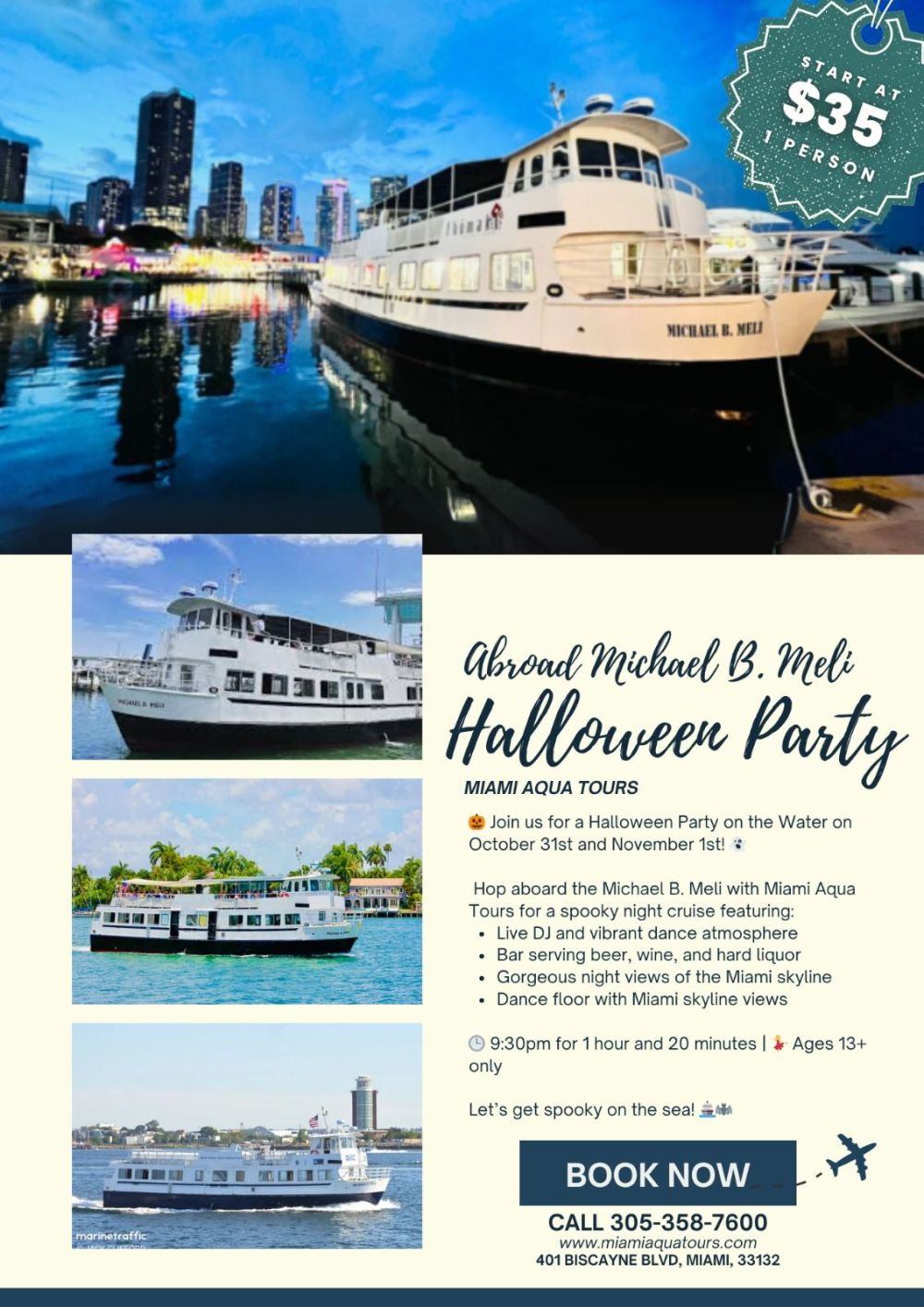 Flyer for a Halloween party cruise on a boat in Miami, with details and images of the yacht at night.