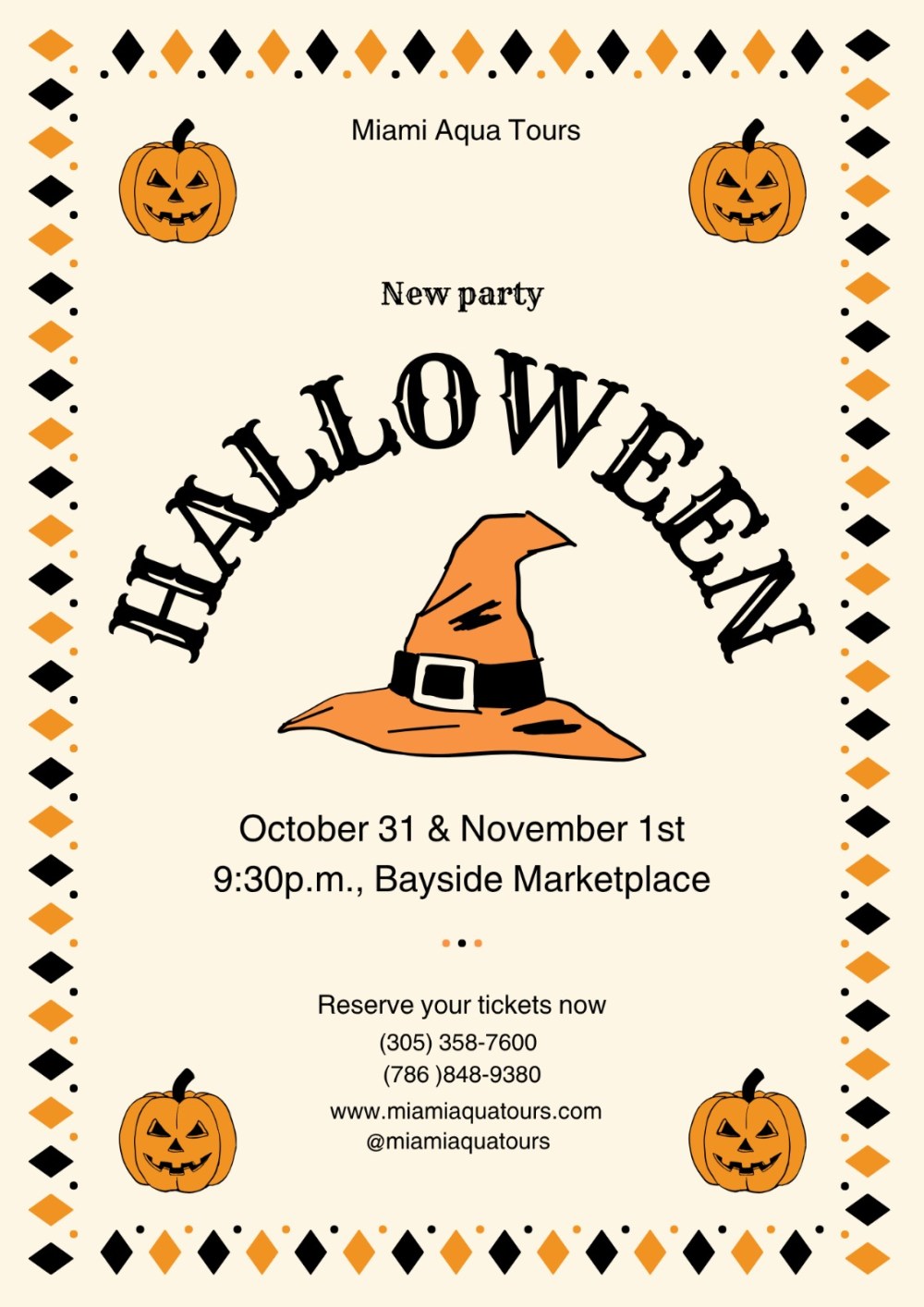 Halloween party flyer with pumpkins, witch hat, October 31 event details.