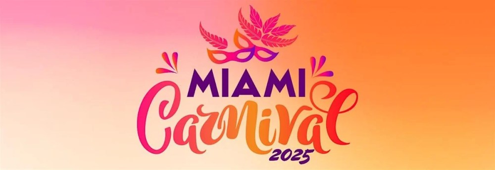 Miami Carnival 2023 logo with colorful mask and leaves on a gradient background.