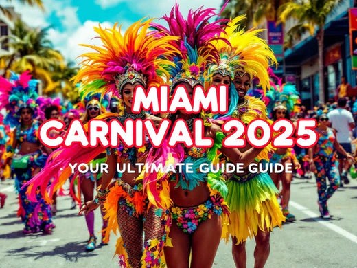 Colorful dancers in feathered costumes at Miami Carnival 2025 parade.