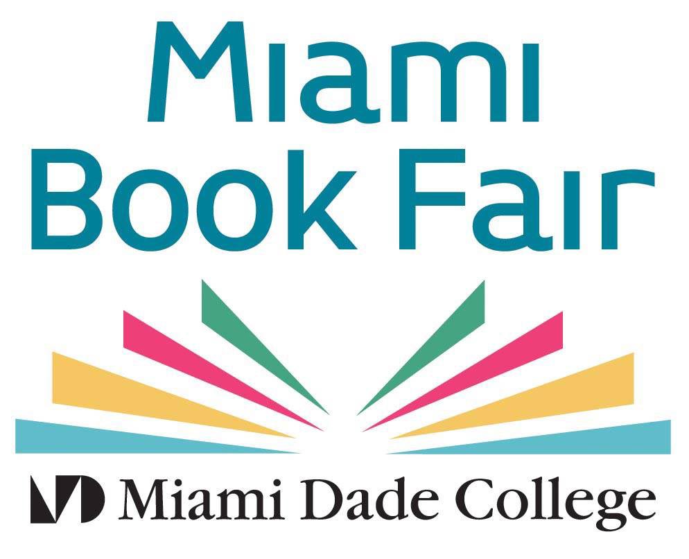 Logo with 'Miami Book Fair' and 'Miami Dade College' text and colorful book graphic.