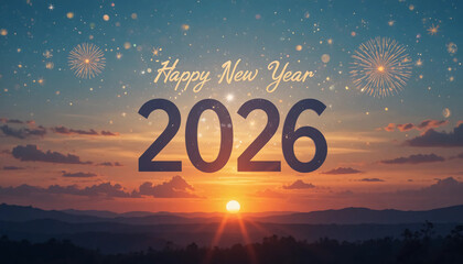 Happy New Year 2026 with fireworks and sunset background.