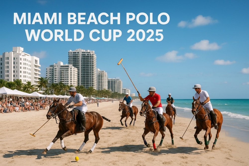 Polo players on horseback play on a beach, with a city skyline and spectators in the background.
