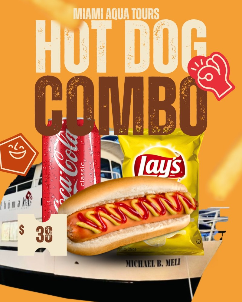 Hot dog combo poster with Coca-Cola, Lay's, $38 price, and boat background.