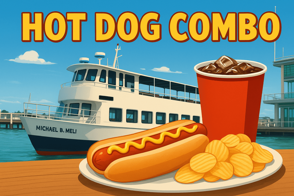 Hot dog, chips, and drink on a dock with a ferry and 'Hot Dog Combo' text above.