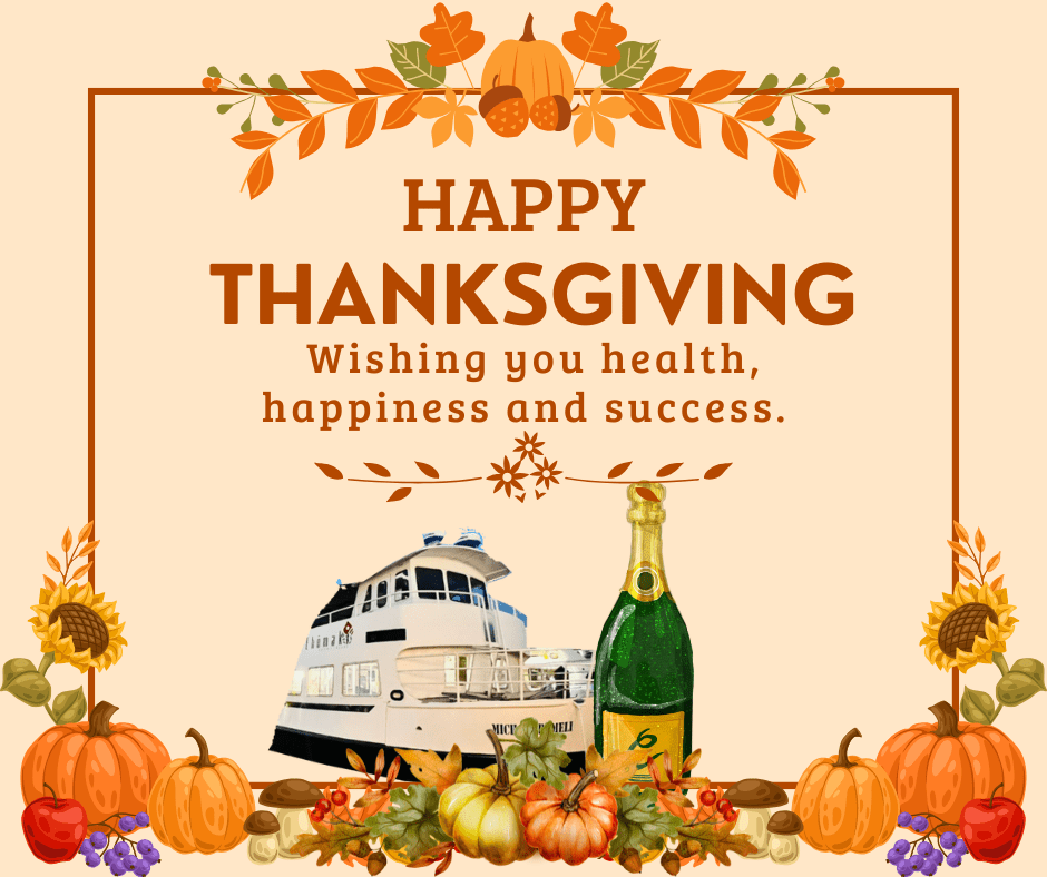 Thanksgiving card with pumpkins, leaves, a boat, champagne, and a greeting.