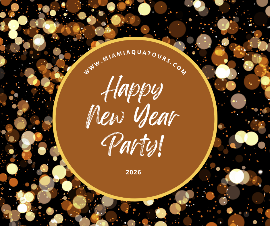 Brown circle with 'Happy New Year Party! 2026' on glittery black background.