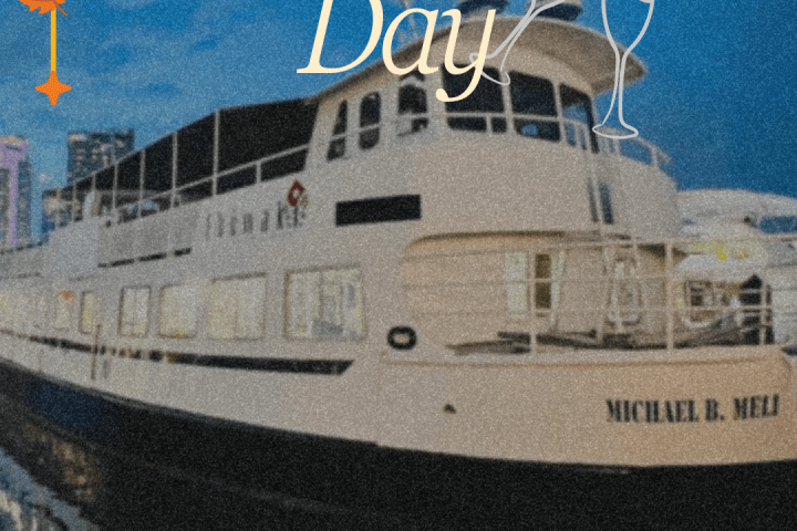 Large boat by the dock with 'Thanksgiving Day' text, decorated with leaves and champagne glasses.