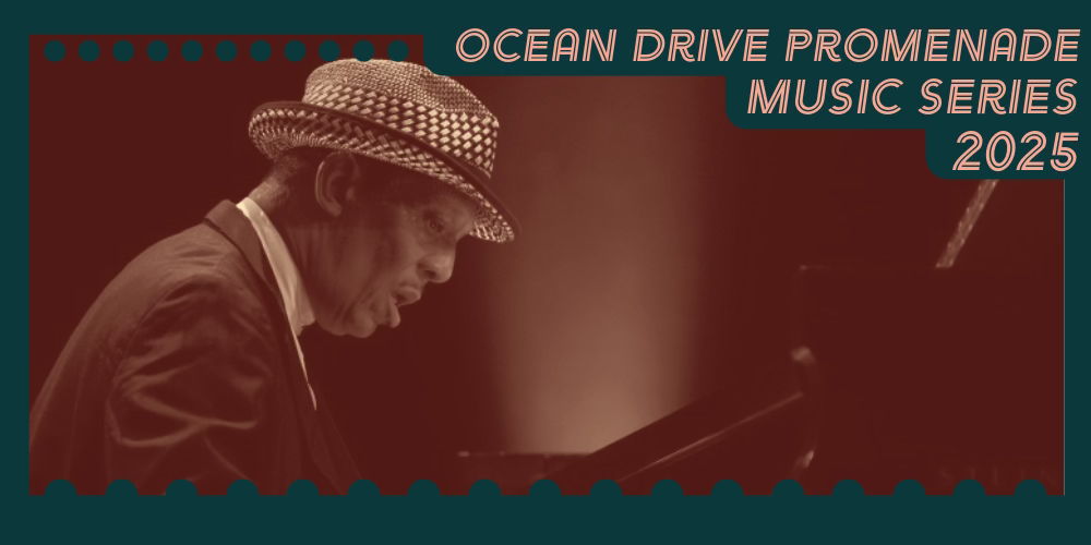 Man in suit and hat playing piano with 'Ocean Drive Promenade Music Series 2025' text.