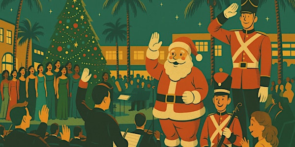 Illustration of Santa and toy soldiers waving at a Christmas choir with a lit tree in the background.