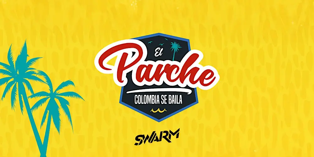 Logo with 'El Parche Colombia Se Baila' on a yellow background with palm trees.