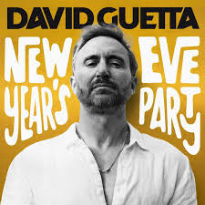 Poster with text 'David Guetta New Year's Eve Party' and a man's portrait in front of a yellow background.