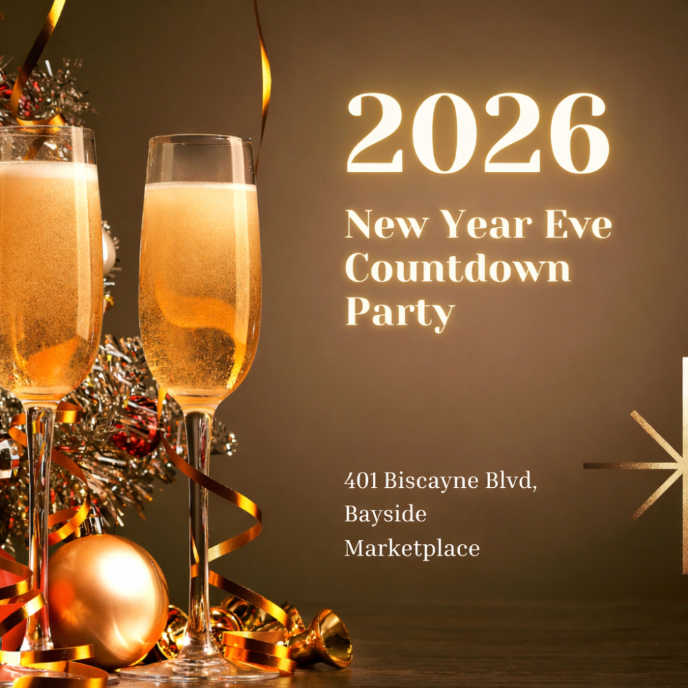 Two champagne glasses with ribbons, text: '2026 New Year Eve Countdown Party' and address, festive decor.