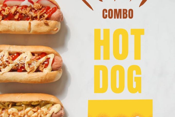 Three hot dogs with toppings next to text: 'COMBO HOT DOG' in bold yellow on a white background.