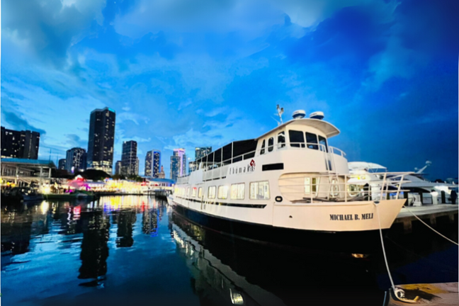 A docked white ship with city skyline and cloudy sky in the background during twilight.