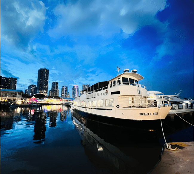 A docked white ship with city skyline and cloudy sky in the background during twilight.