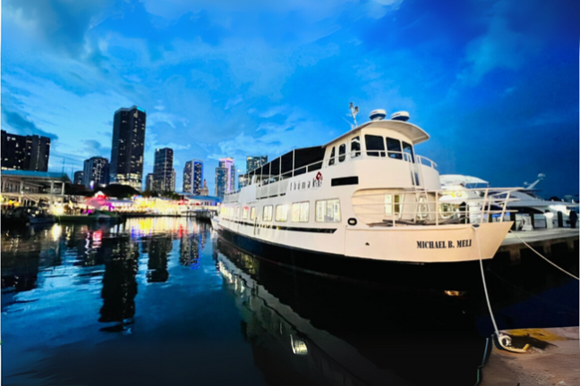 A docked white ship with city skyline and cloudy sky in the background during twilight.