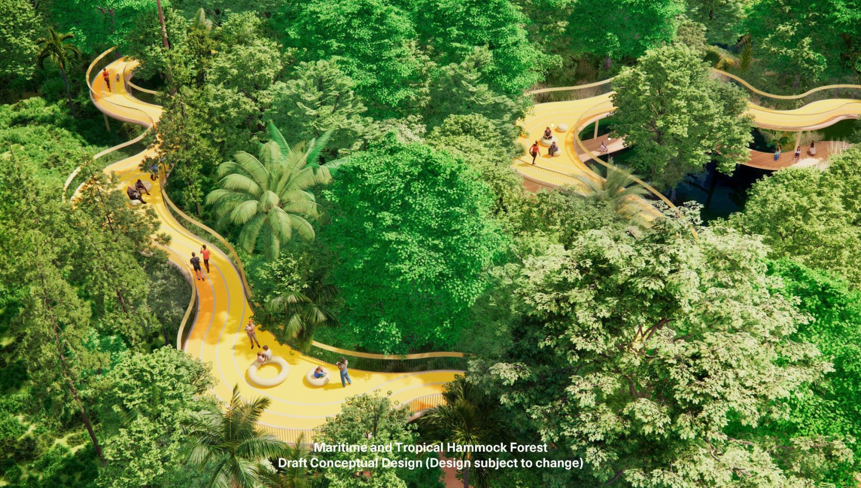 Curved walkway above lush green forest with people walking and sitting.