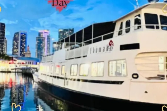 Valentine's Day card with a boat by city skyline under a blue sky, framed by red heart vines.