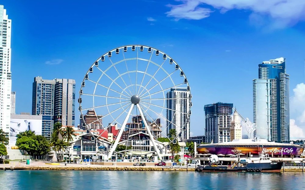 City skyline with Ferris wheel by waterfront, clear blue sky above.