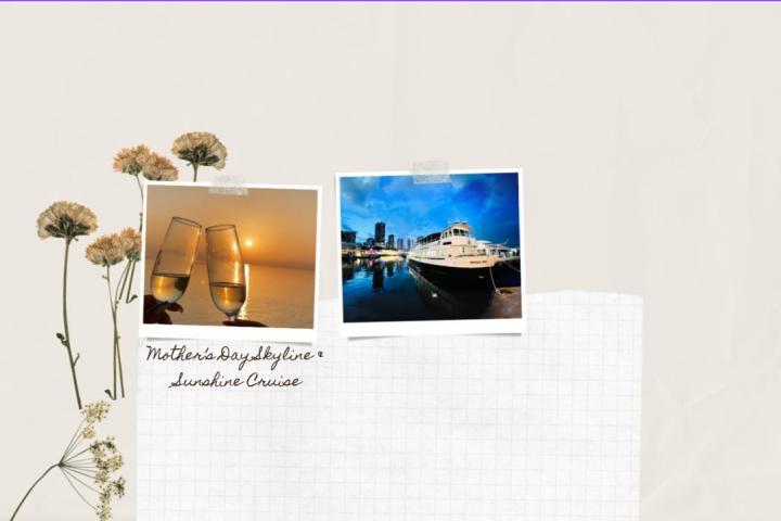 Two polaroids: champagne glasses at sunset and a boat in harbor, with flowers and grid paper background.